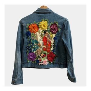 Embroidered Frida Jean Jacket Womens XL Blue Stretch Denim Cropped Colorful